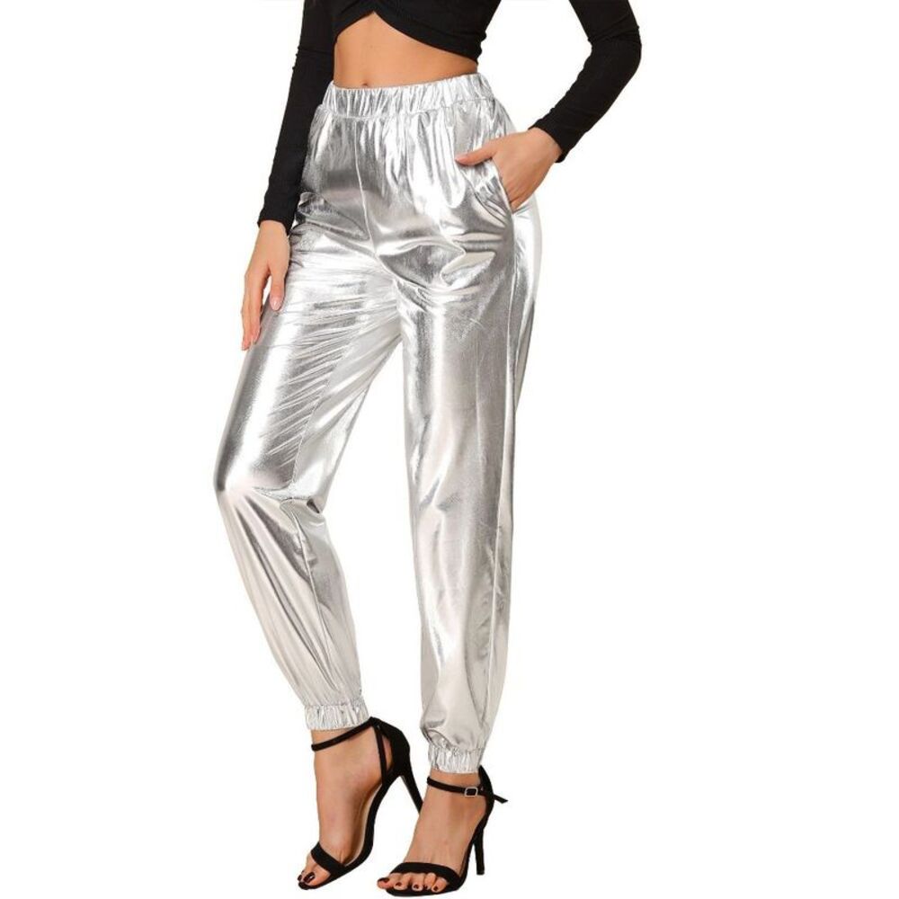 INSPIRE CHIC Women's Metallic Shiny Sparkle Elastic Waist Pants Silver Medium